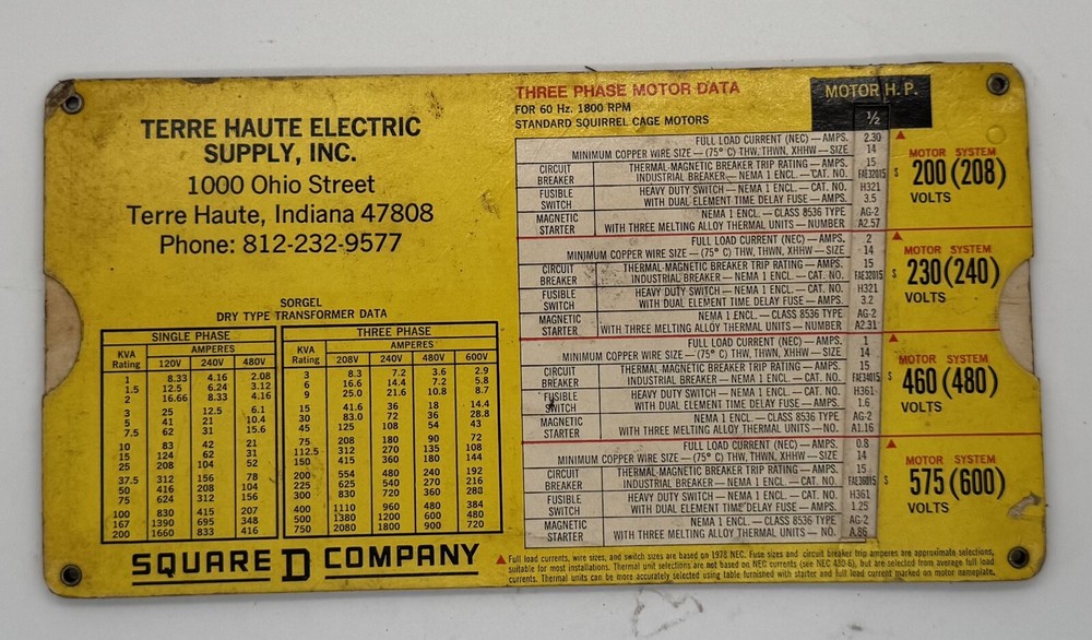 Vintage Square D Motor Data Slide Calculator Chart 1978 NEC engineering