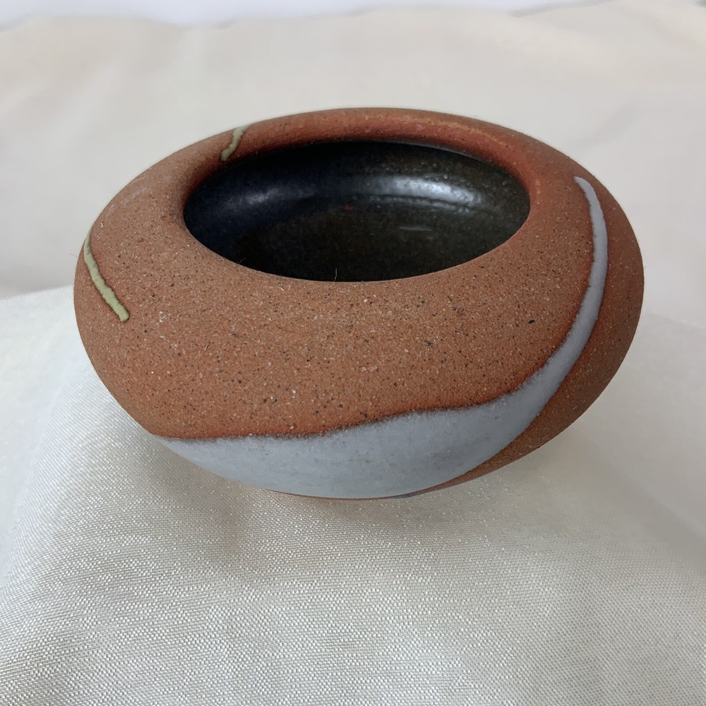 Small Round Pottery Swirl Design Bowl/Vase -Glazed Inside-Signed