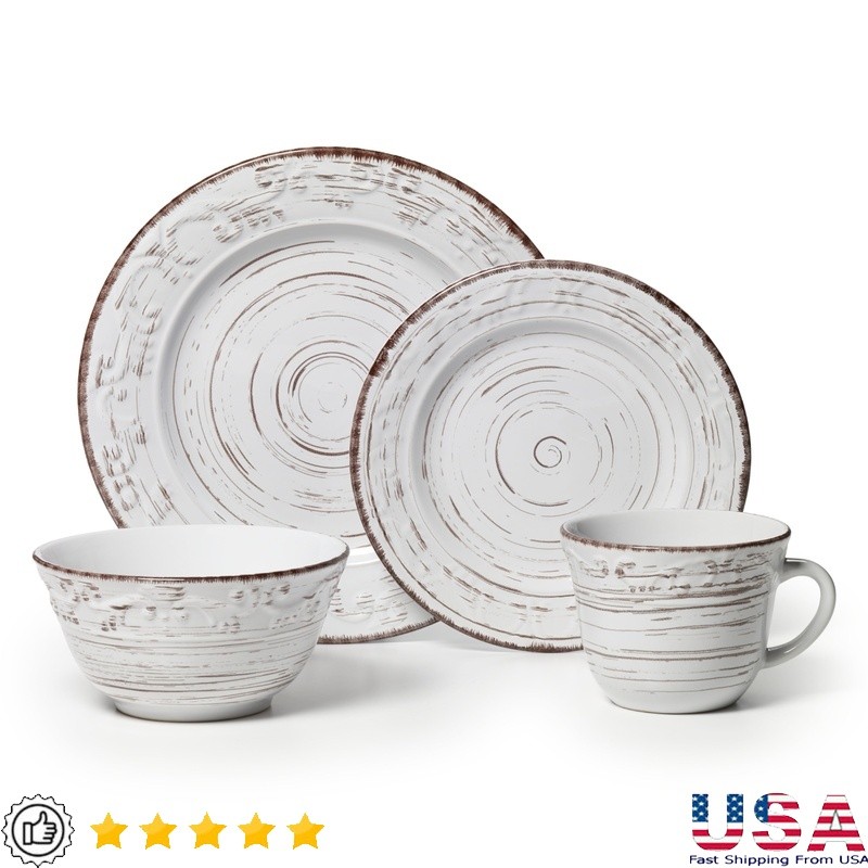 Rustic Trellis White 16 Piece Dinnerware Set Stoneware Farmhouse Tableware New