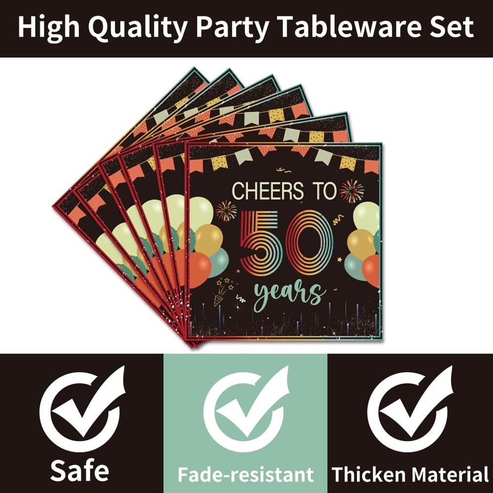 50th Birthday Decorations Set - 96 Pcs Tableware for 24 Guests, Disposable Decor