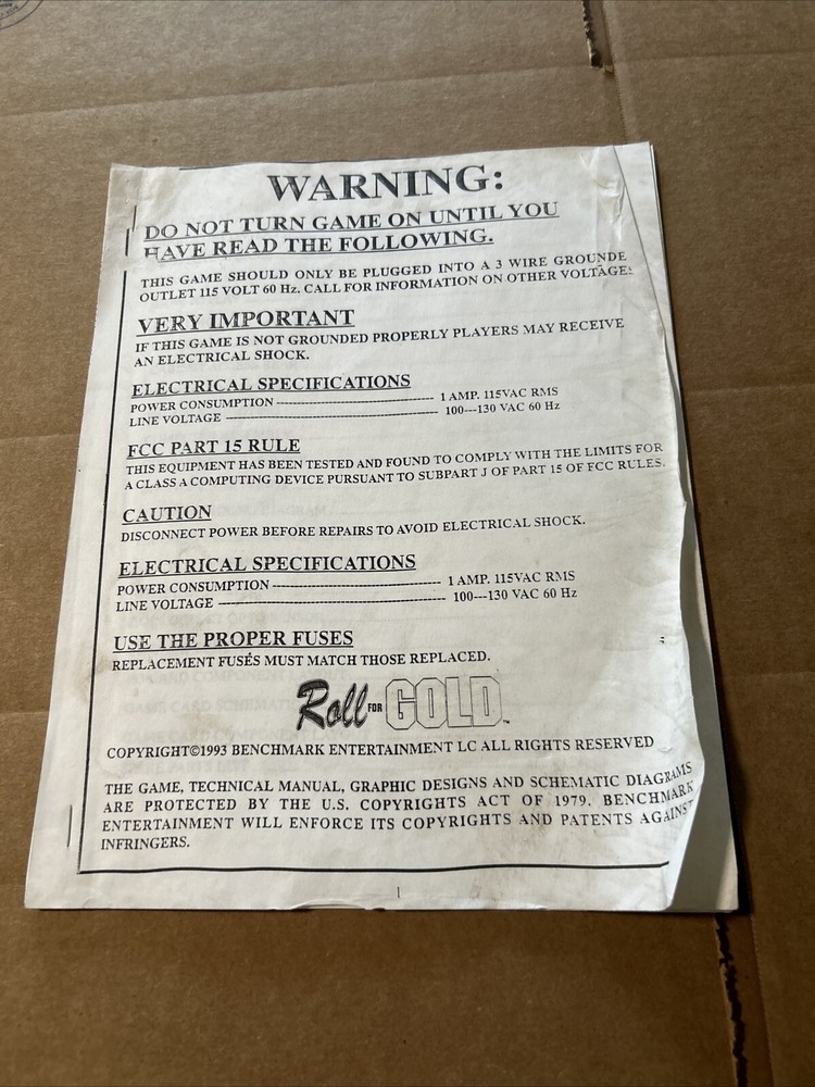 Rule For Gold Benchmark      arcade game manual