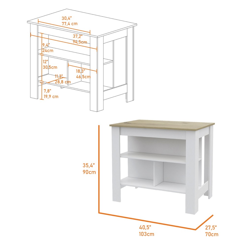 Kitchen Island Dozza, Three Shelves, White / Light Oak Finish