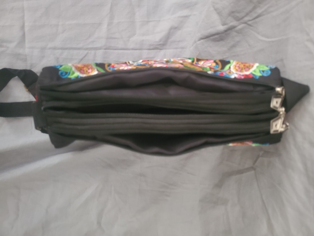 Embroidered Floral Black Shoulder Bag Adjustable Strap Multiple Compartments