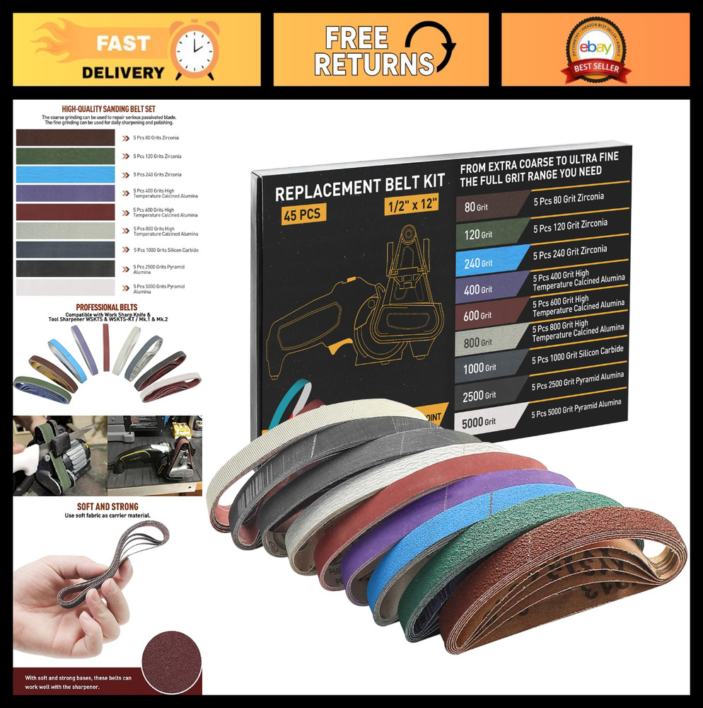 45 Pcs 1/2" x 12" Sharpening Belt Kit - Assorted Grits for Knife & Tool Sharpene