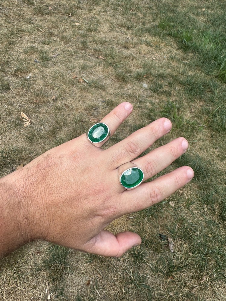 Large 18ct Genuine Emerald Gemstone Mens Real Solid 925 Silver Oval Signet Ring