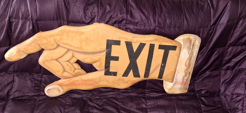 Rare Unique Wood Exit EXIT Finger Pointer SIGN Hand Wall Hanging Cool Estate 31"