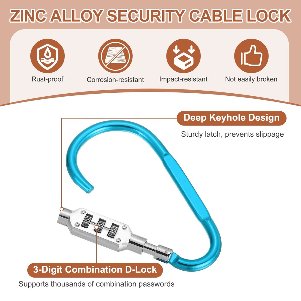 2 Pcs 4.8" x 2.4" D-Shaped 3-Digit Code Combination Lock D-Ring Clip, Light Blue