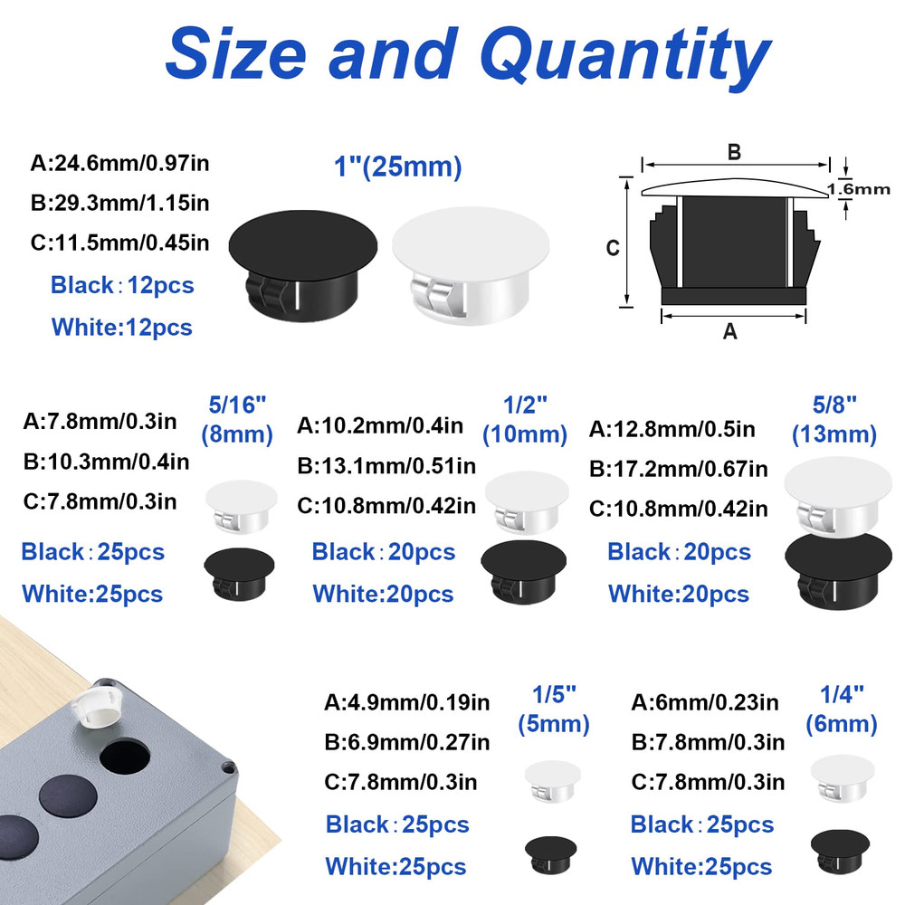 254Pcs 6 Sizes Nylon Plastic Hole Plugs Black Round Drill Hole Flush Type Panel