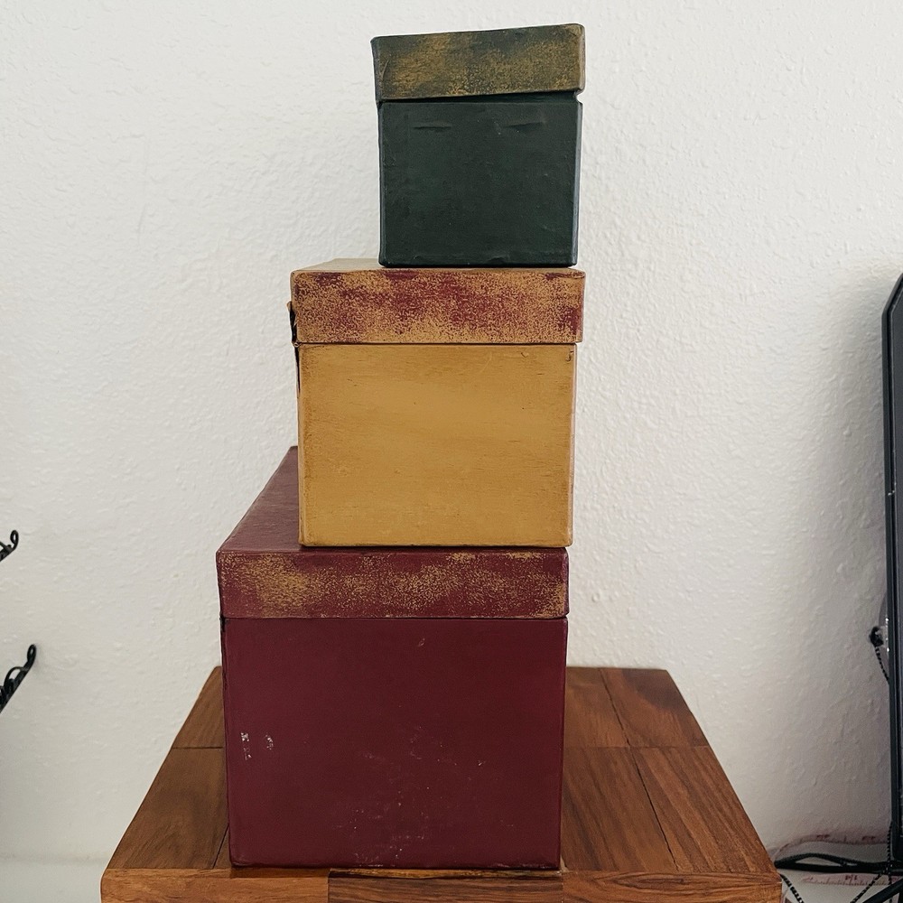 Primitive Farmhouse Rustic AGED STACKING BOXES Recipes Matches Tea 3 decorative
