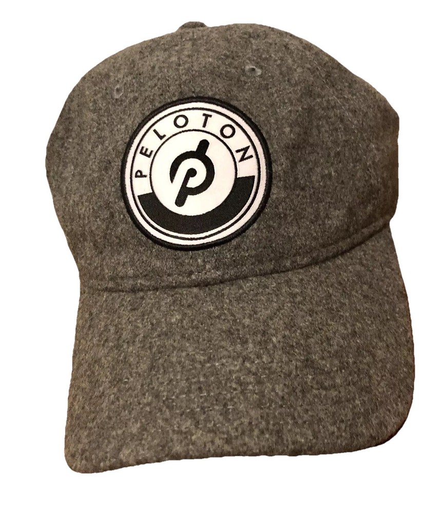 Peloton Cycle Tread Wool Strapback Hat Logo Patch Gray Red Adjustable Cap EUC