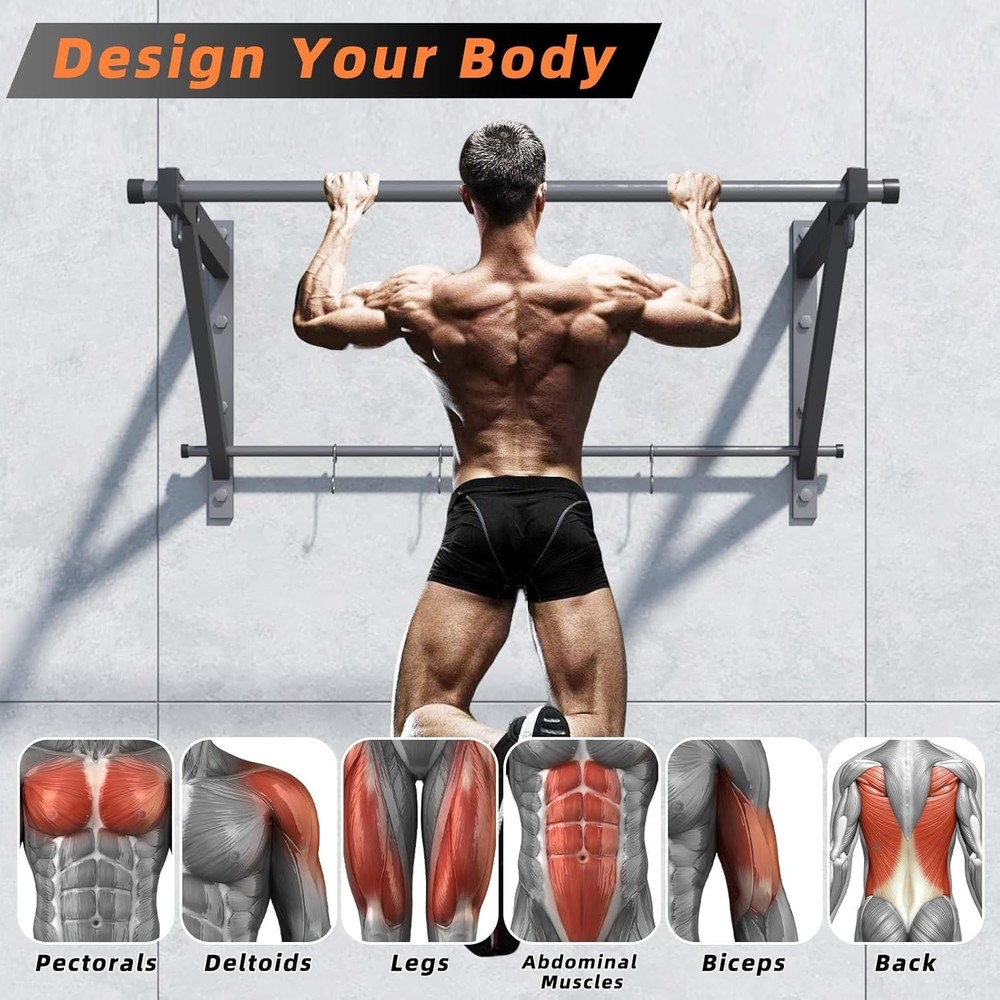 Wall Mounted Pull Up Bar, Strength Training Chin Up Bar with Hooks, Adjustabl...
