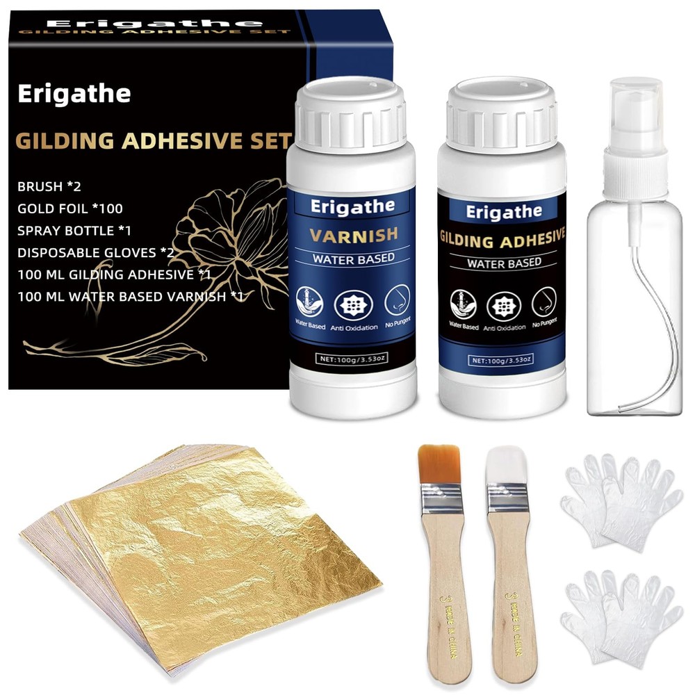 Gold Leaf Kit, 100ml x2 Gilding Adhesive Set, Water Based and White