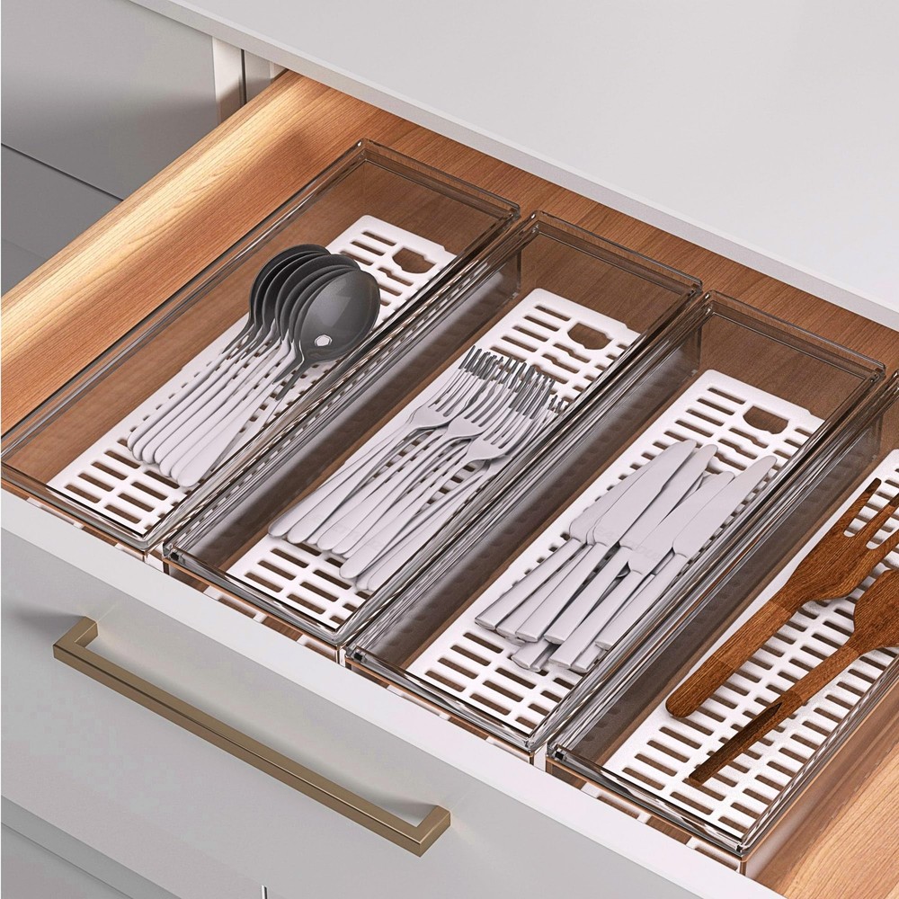 2 Pack Clear Silverware organizer with lid, Plastic Flatware Storage Box, Kit...