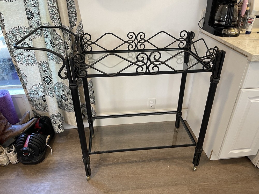 Antique Solid Wrought Iron And Glass Service Cart