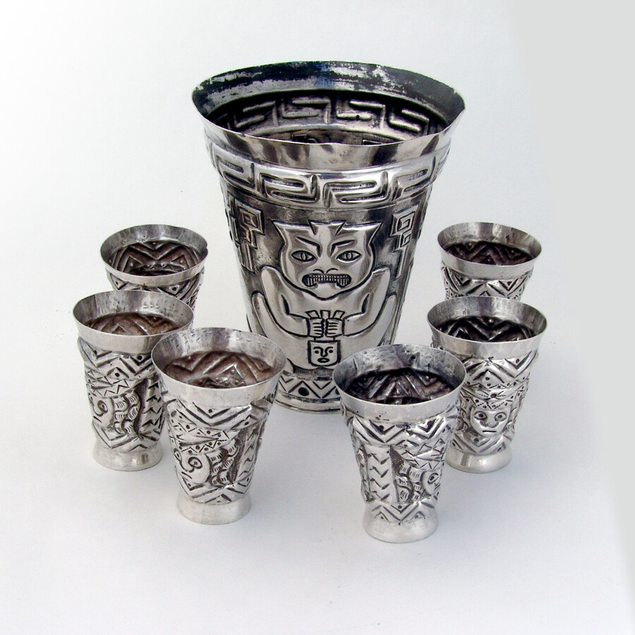 Peruvian Silver Large Beaker Shots Set Repousse Patterns 1930