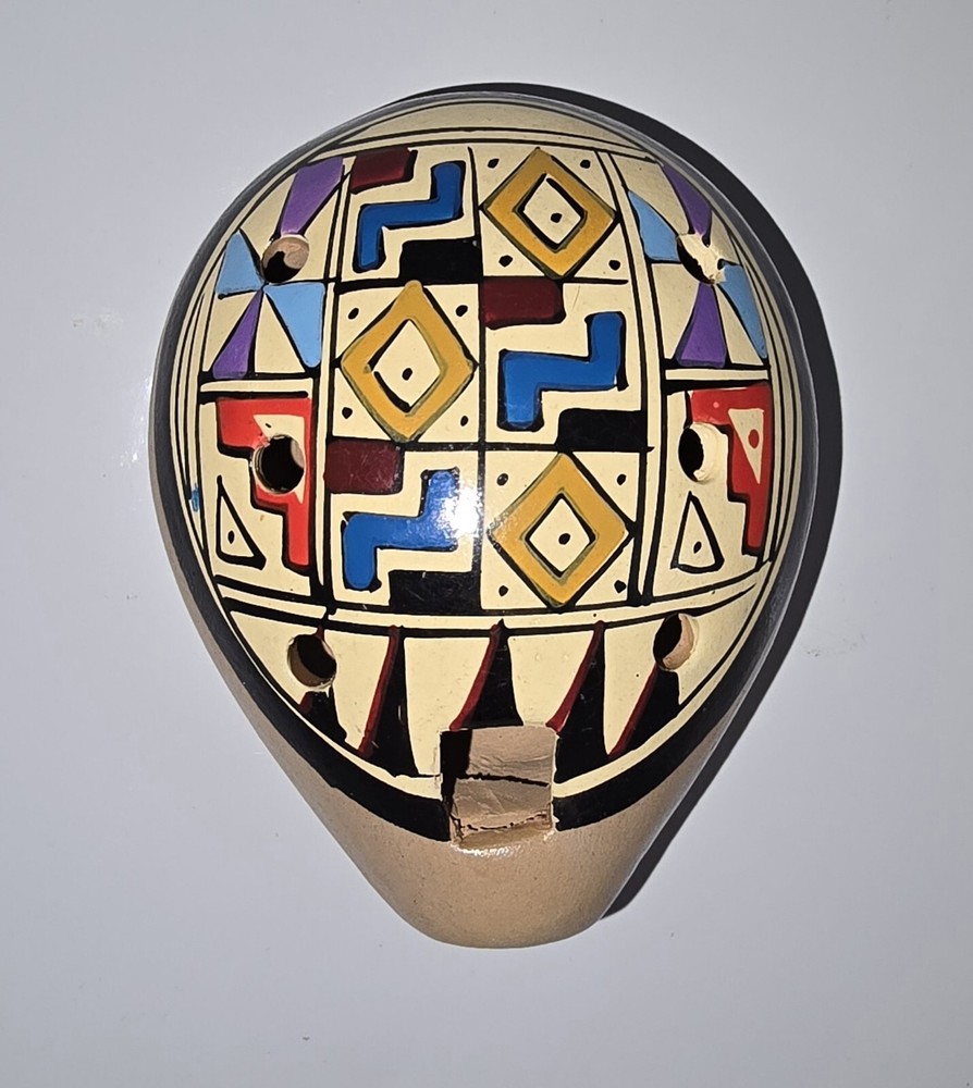 Peruvian Clay Multi Color Geometric Pattern Folk Art Face Whistle Flute