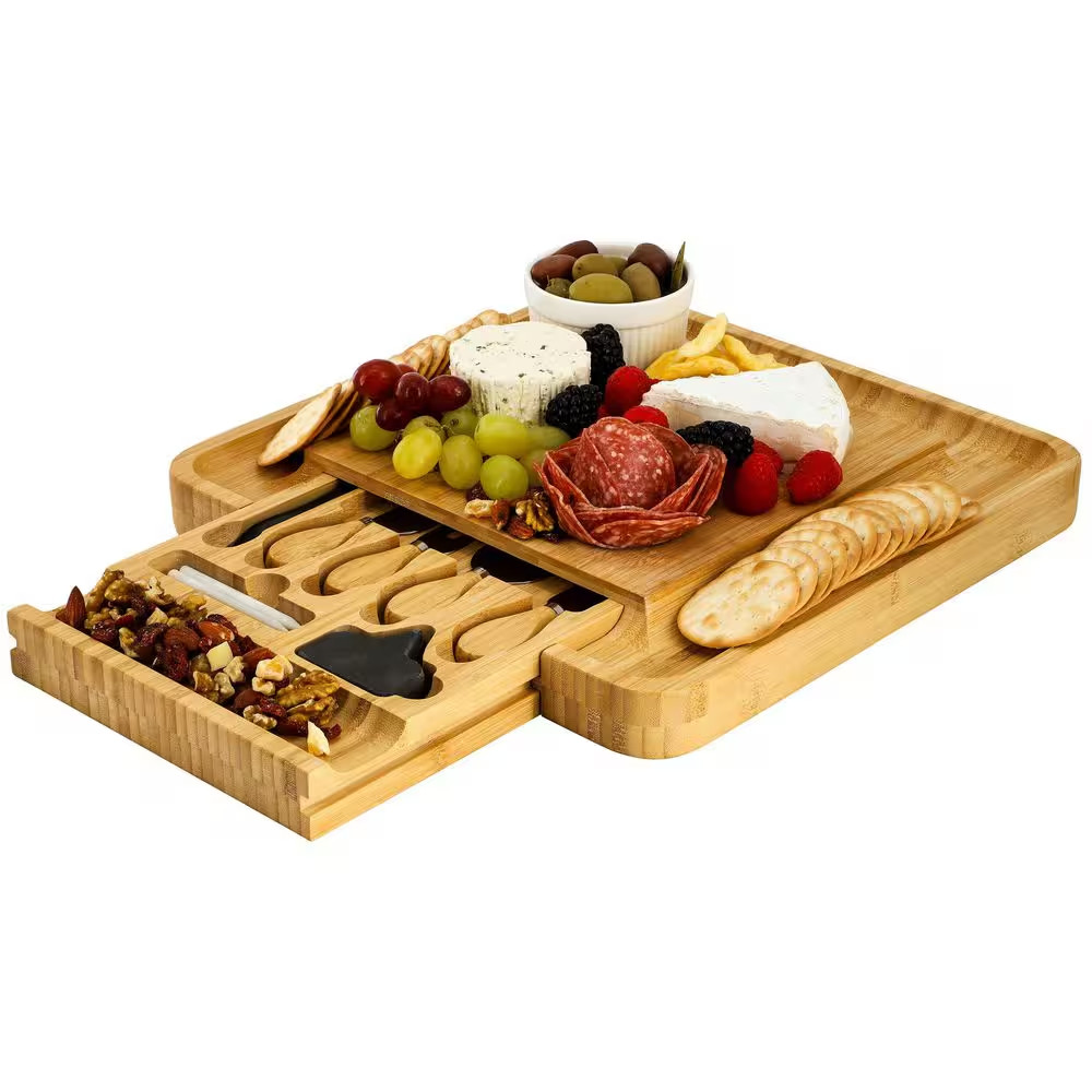 13.5 In. Bamboo Charcuterie Cheese Board with Drawer, Cheese Utensils, Bottle Op