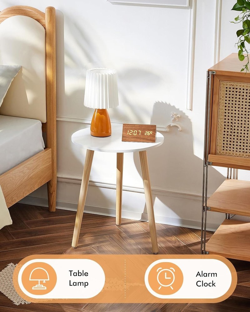 Sturdy Round Bedside Table with Stable Wooden Legs - Space-Saving Solution