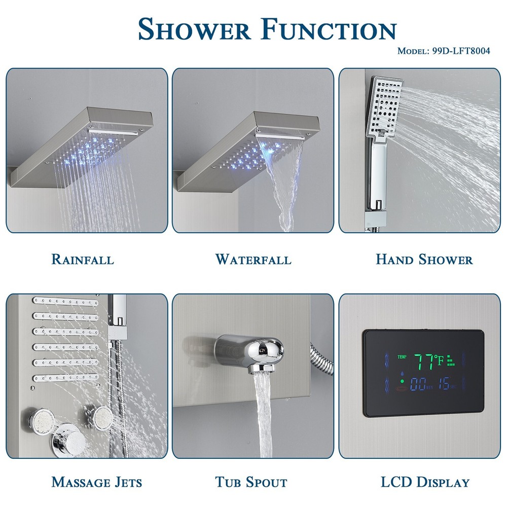 ELLO&ALLO Shower Panel Tower System Brushed Nickel LED Rainfall Massage Jets Tap
