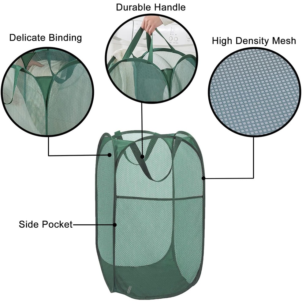 Green Pop Up Laundry Basket Collapsible Mesh Vertical Hamper Storage Space
