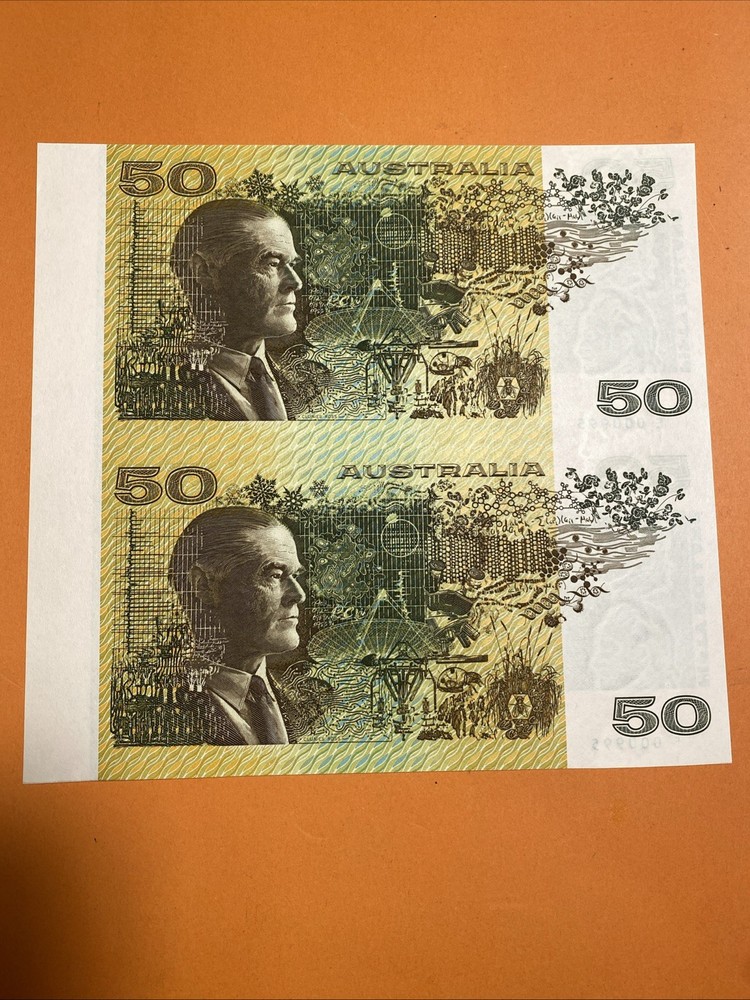 Australia $50 2pcs Uncut Notes Serial Number F 000995 With Folder