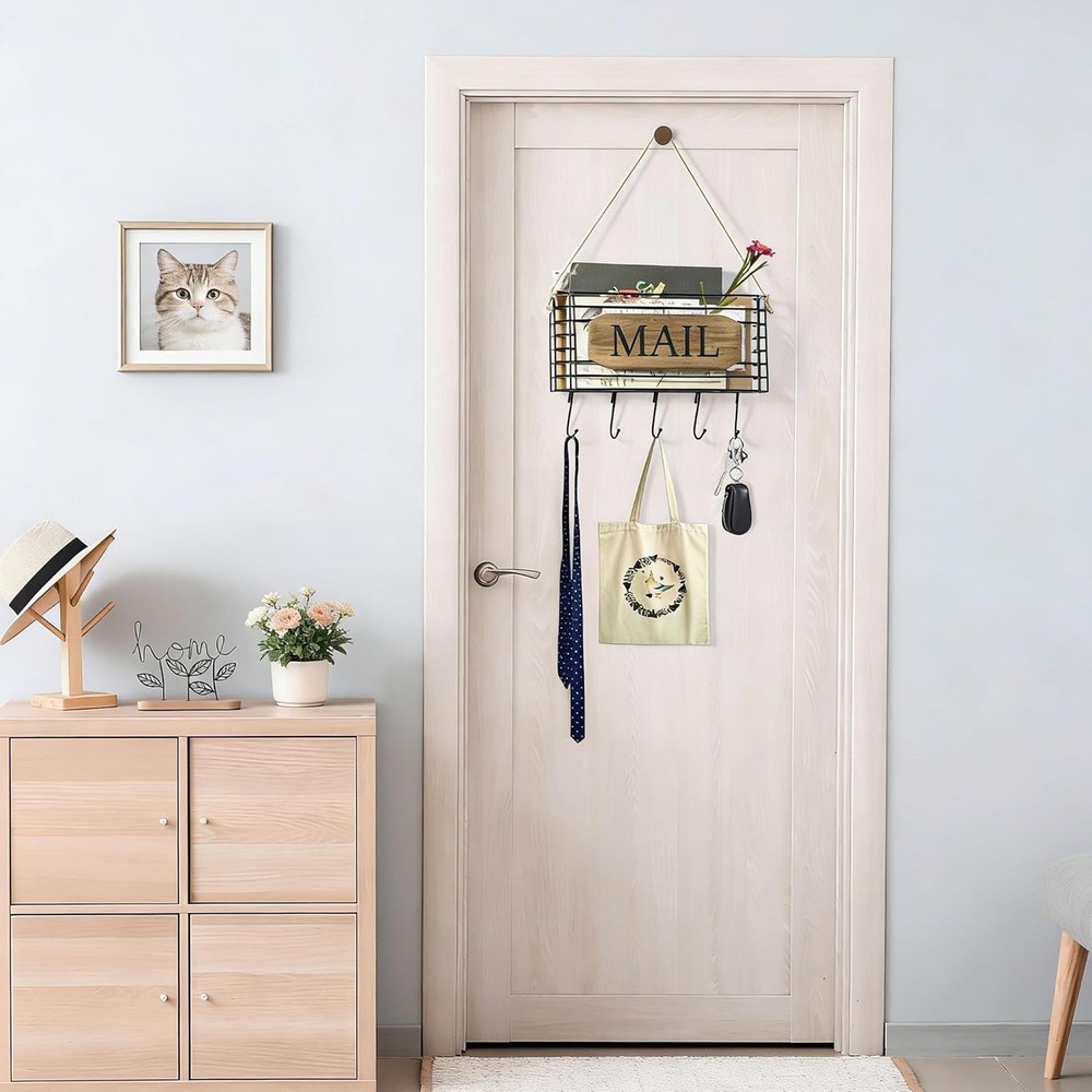 Elegant Rustic Mail Holder and Key Organizer with Hooks - Space Saving Design
