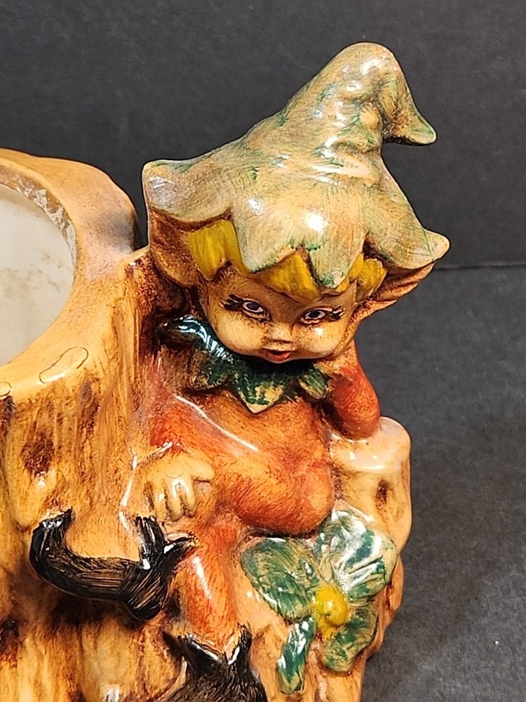 Vintage Ceramic Pixie Elf Tree Stump Planter Woodland Forest Succulents