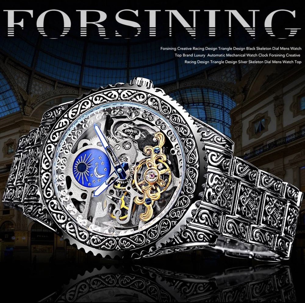 Forsining Carved Tourbillon Mechanical Mens Watch Moon Dial DOES NOT FUNCTION!