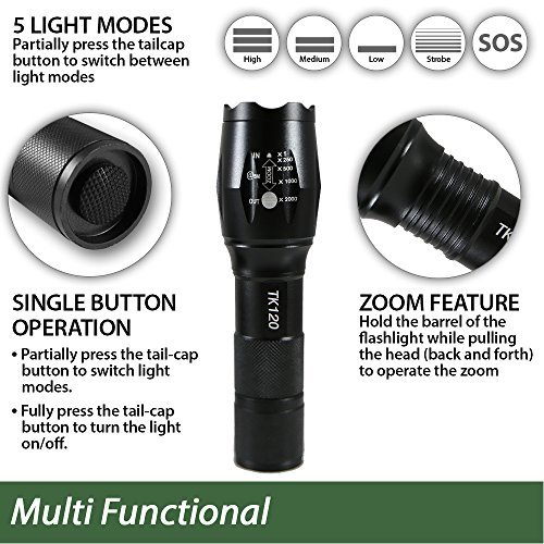 TK120 LED Tactical Flashlight 5 Light Modes Adjustable Zoom Great Gift for Men