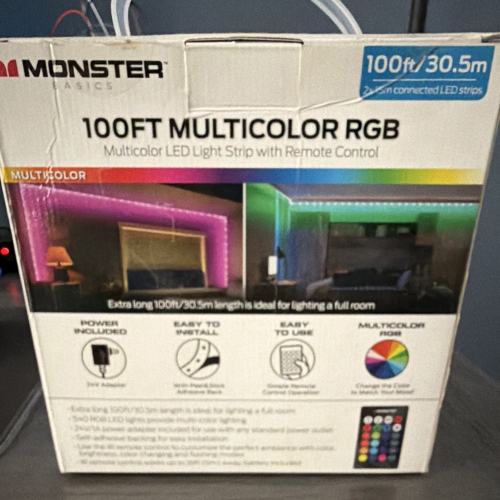 Monster 100ft Multicolor RGB LED Light Strip, 540 LEDs, Remote Control