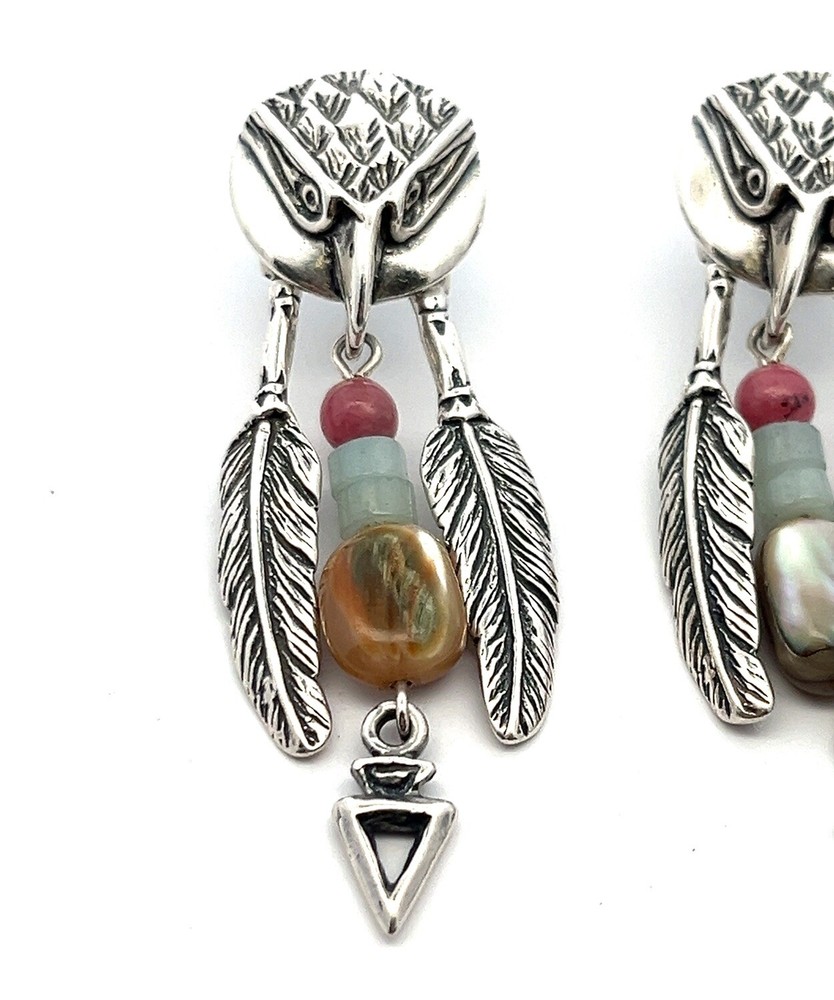 Designer Signed Eagle Raven Dangle Gemstone Feather Earrings 925 Sterling Silver