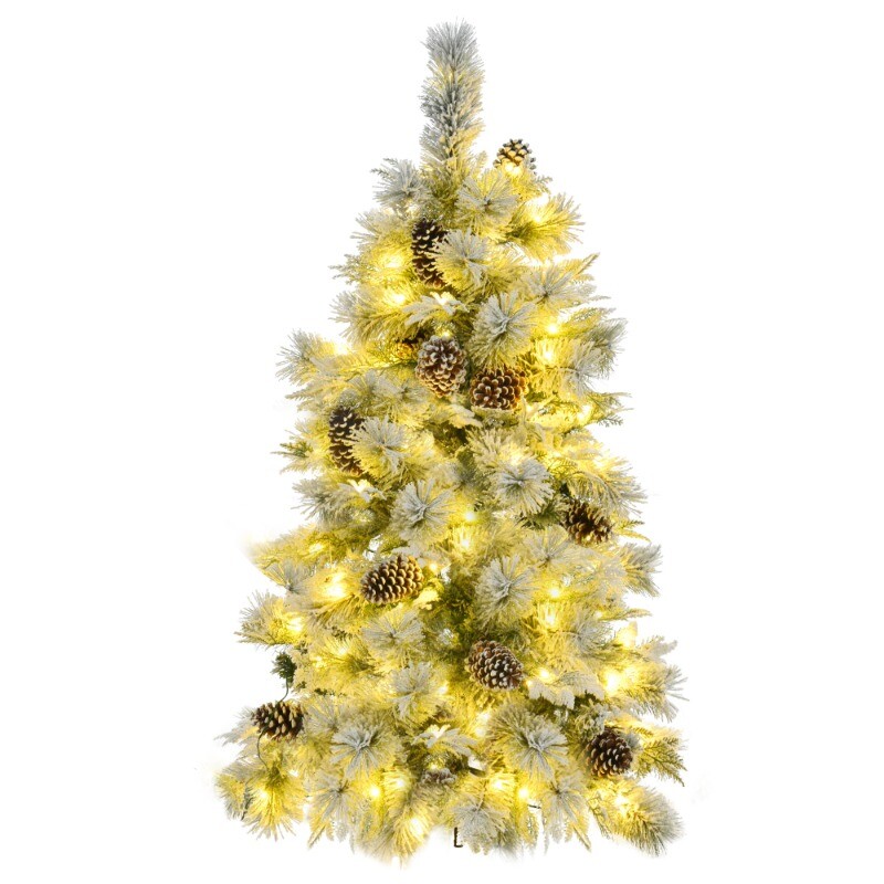 4FT Pre-Lit Christmas Tree Spruce Snow Flocked Artificial Xmas Tree w/ Pine Cone