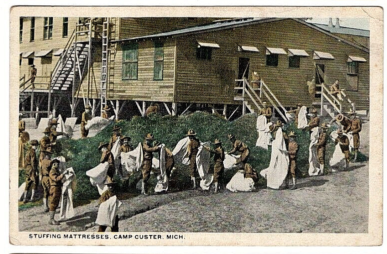 World War I Postcard. Stuffing Mattresses. Camp Custer, Michigan