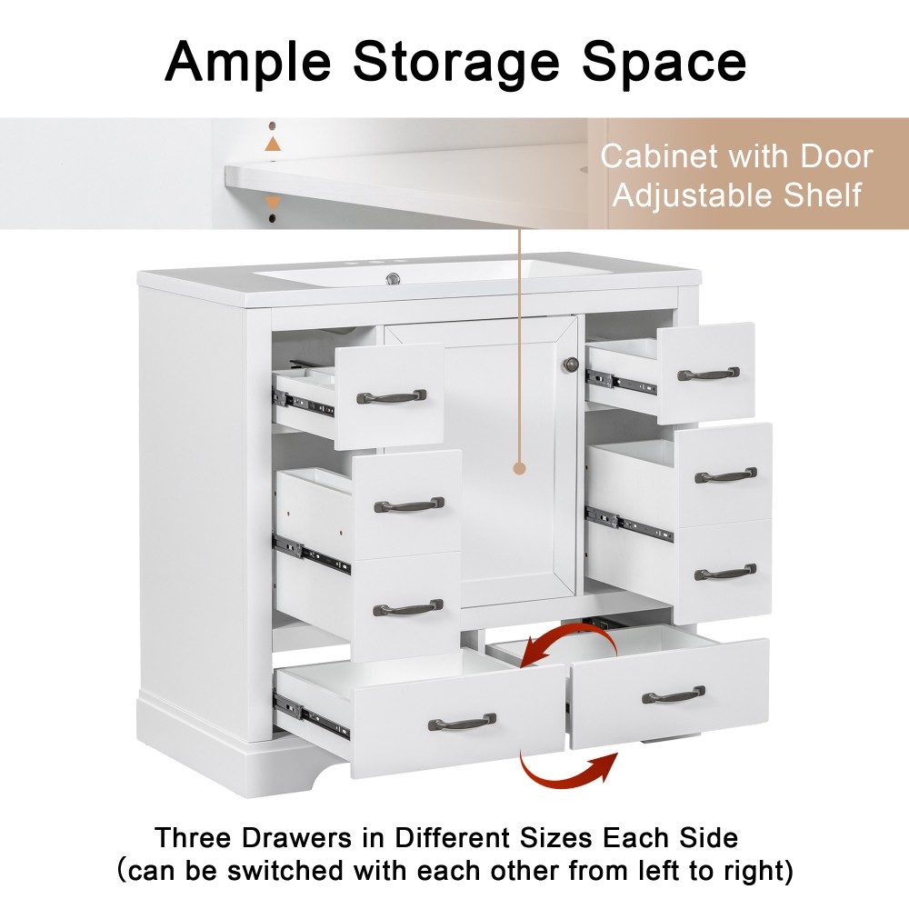 Bathroom Vanity Base Cabinet Six-Drawer Design Features Adjustable Shelves