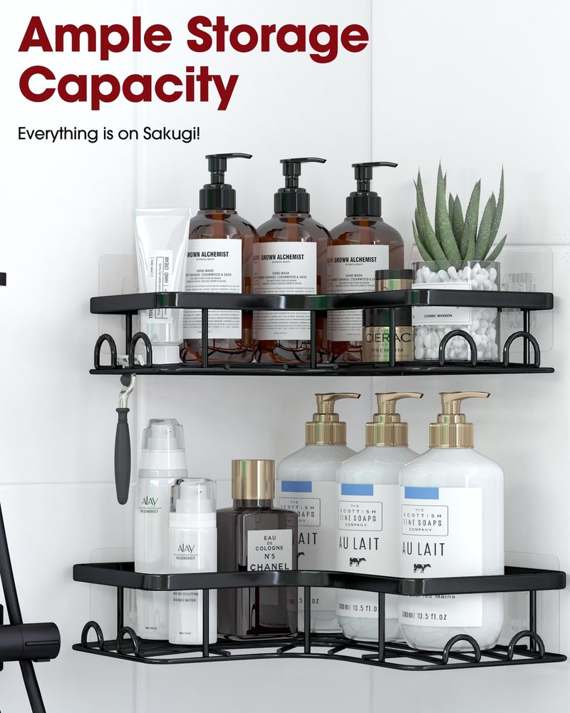 Sakugi Corner Shower Caddy - 2 Pack, Adhesive Medium, Black