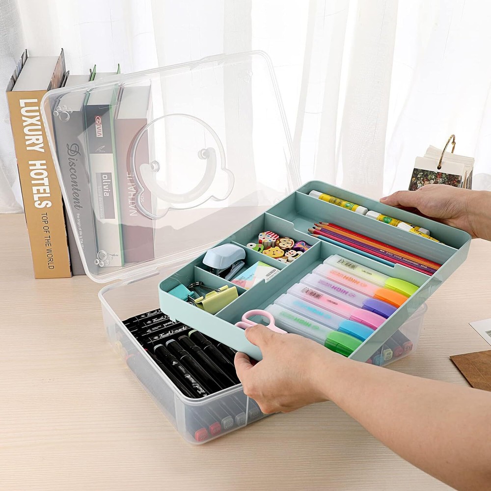 BTSKY 2-Tier Cute Bear Storage Box with Removable Divided Tray Portable Blue