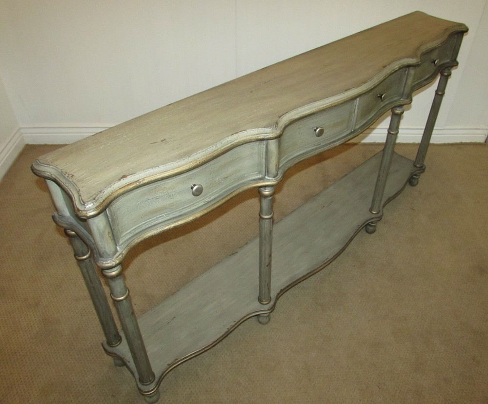 DECORATORS TWO TIER CONSOLE, SOFA TABLE, THREE DRAWERS, GREY FACTORY FINISH