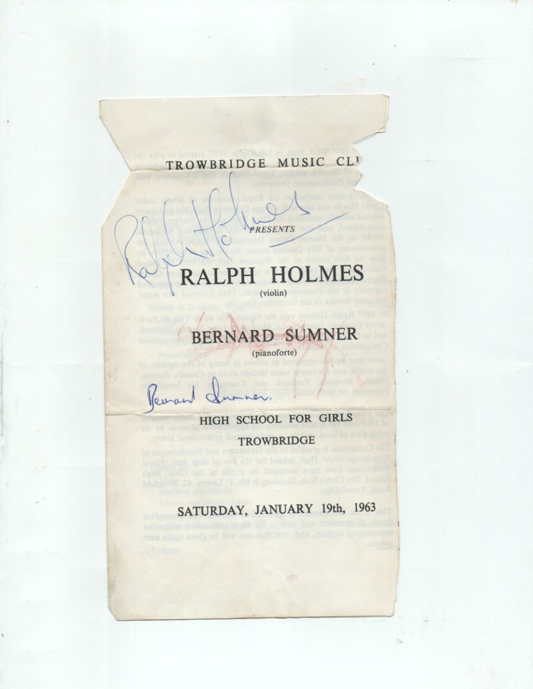 1963 classical program SIGNED by violinist Ralph Holmes & pianist Bernard Sumner