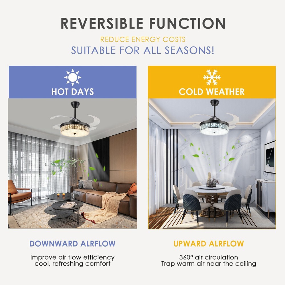 42 Inch Retractable LED Ceiling Fan Light with Remote Control and Timer