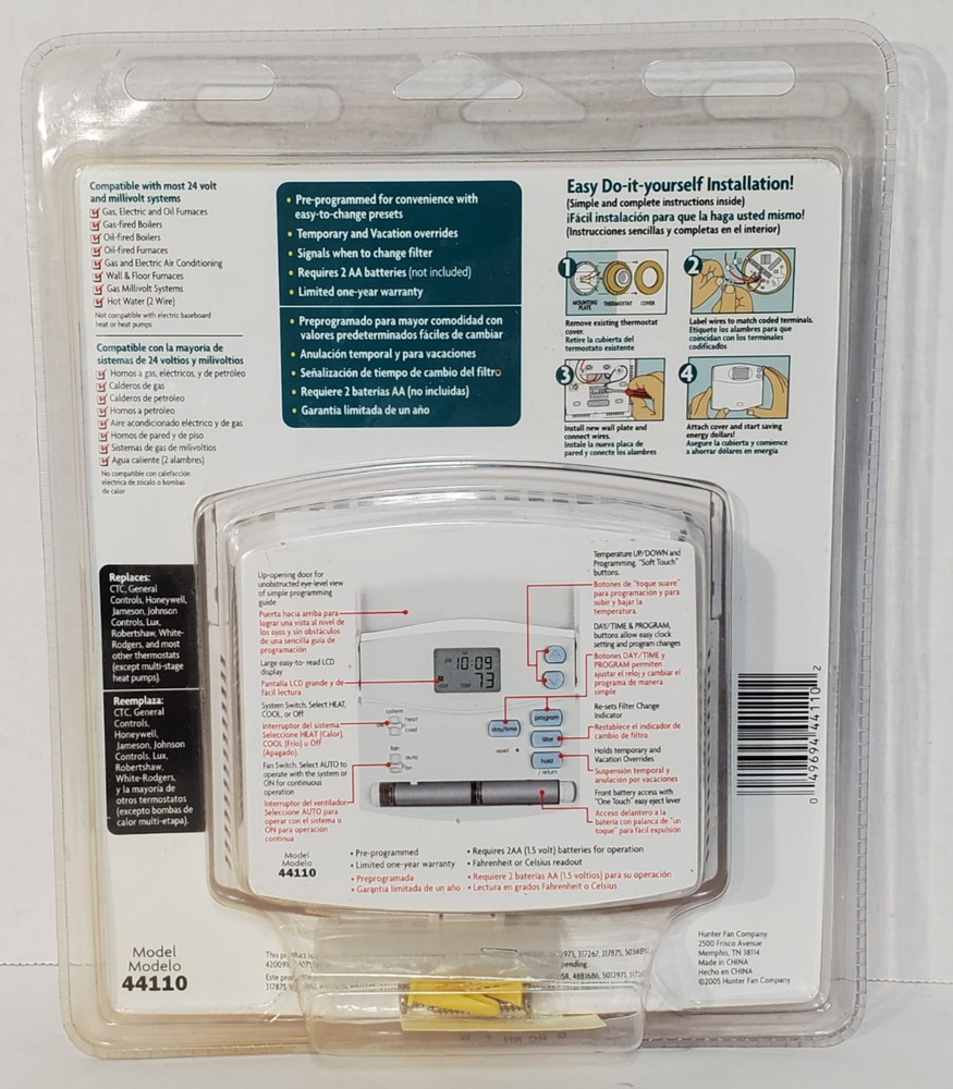 Hunter Set & Save Programmable Thermostat for Heating & Cooling 44110 Sealed