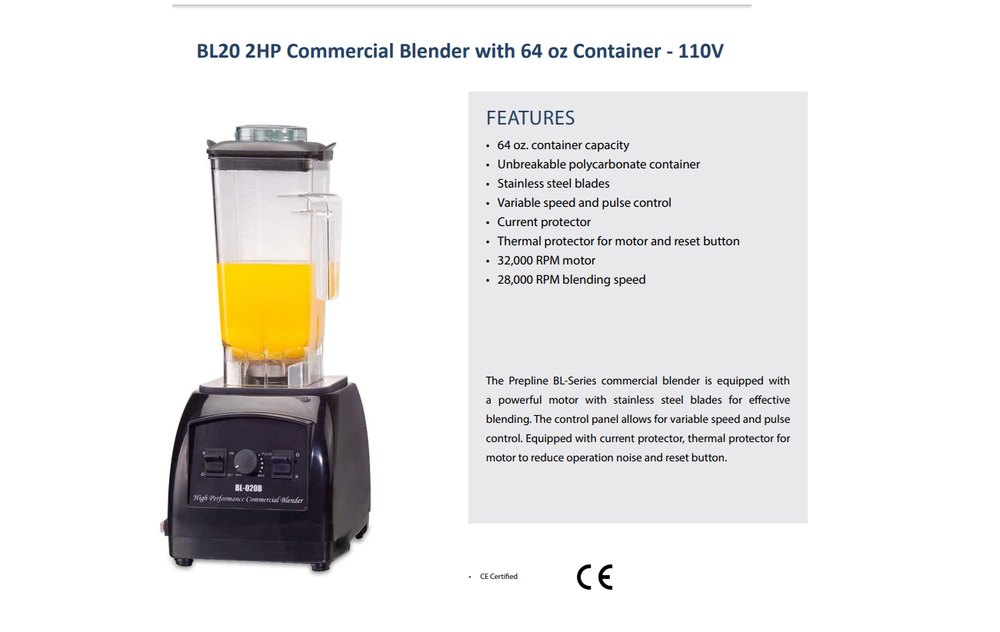 Prepline BL20, 2HP Commercial Blender with 64oz Container - 110V