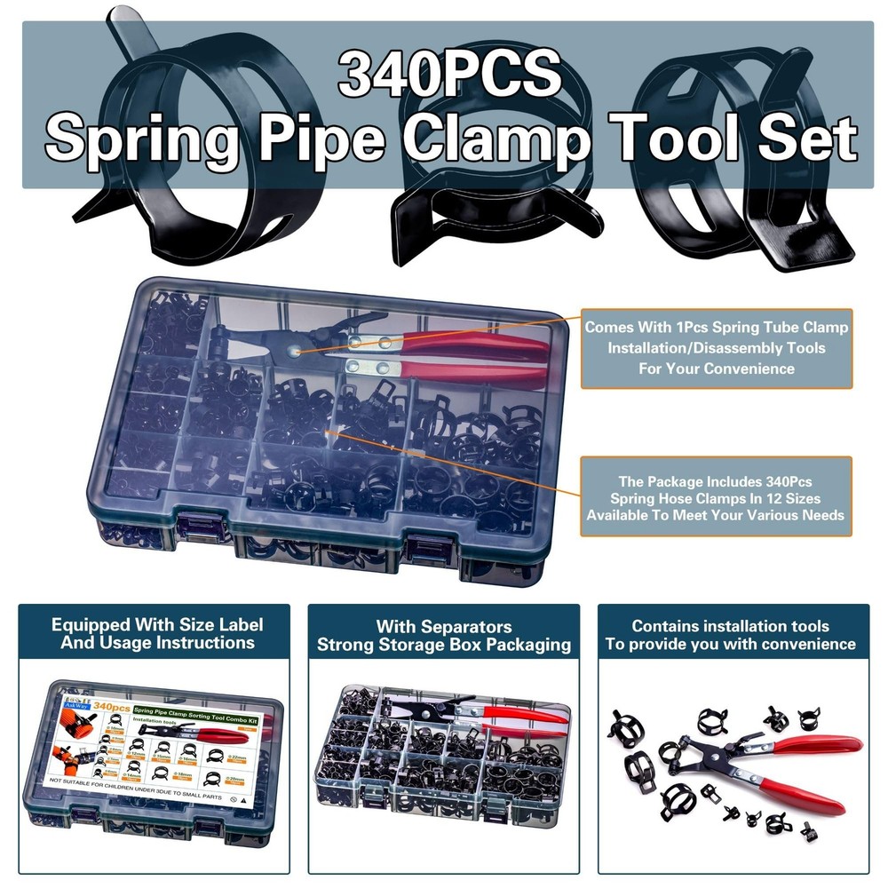 Spring Pipe Clamps340PCS, With Spring Pipe Clamp Tools, 12 Sizes 6-22mm Sprin...