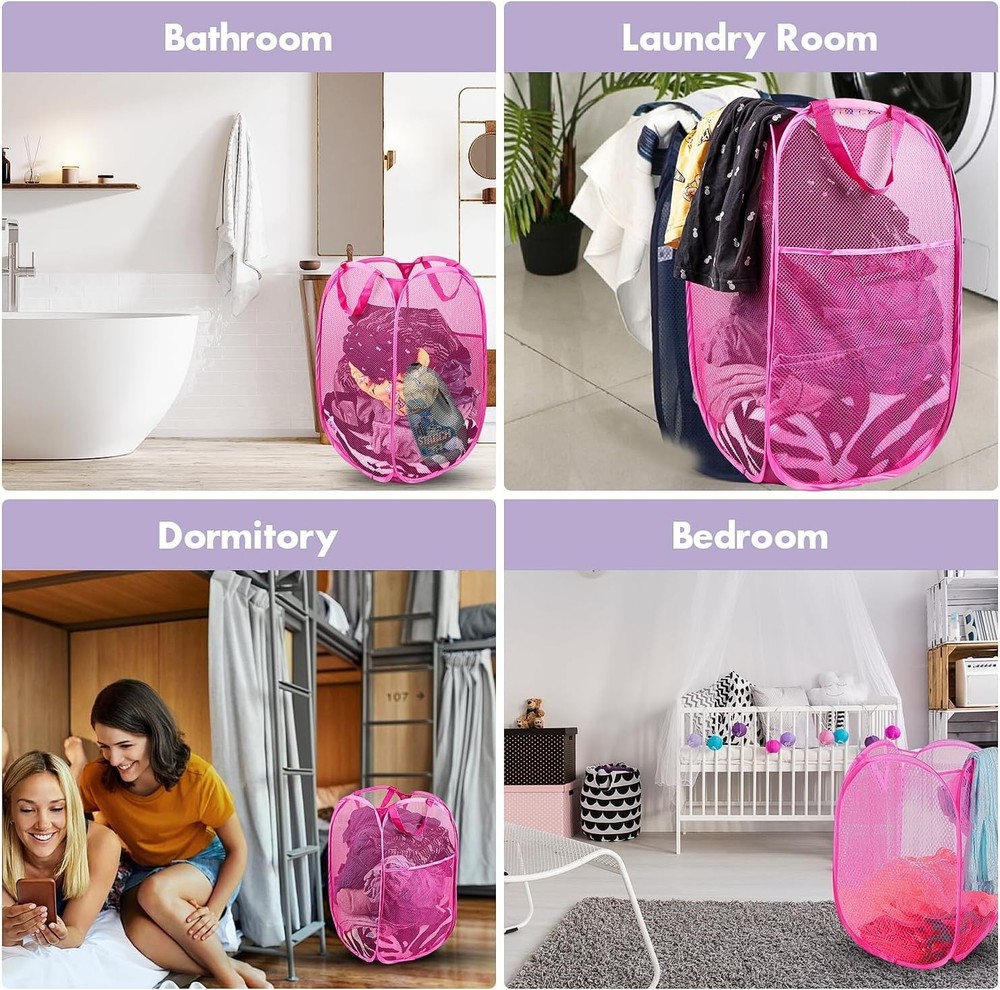 Compact Pink Mesh Laundry Hamper Set - Effortless Organizing for Any Setting