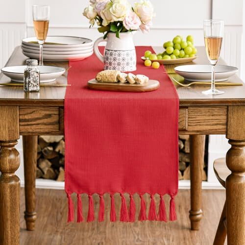 Tassel Table Runner, Christmas Linen Blend Rustic 13" x 48", Table Runner Red