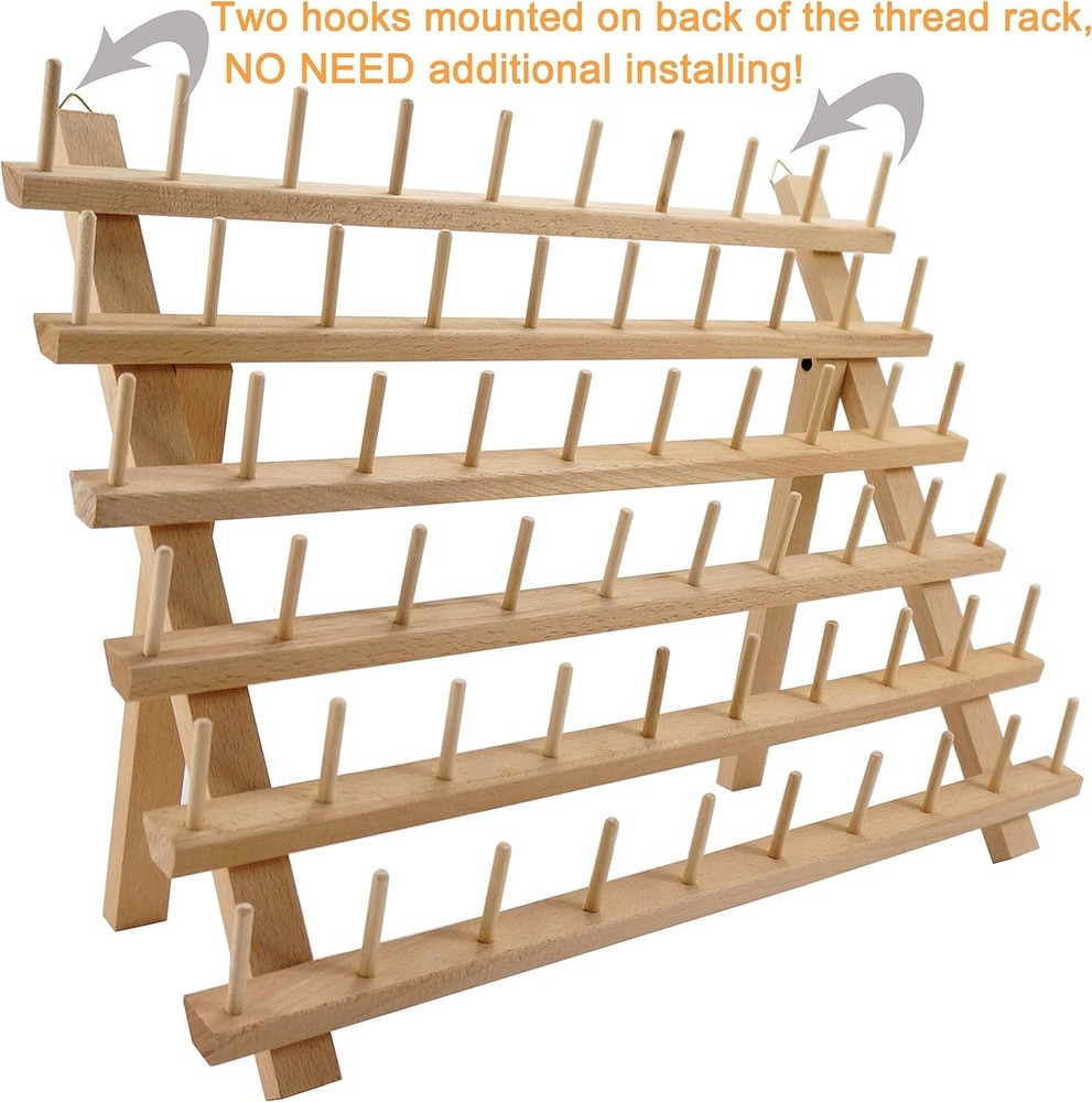60 Spools Wooden Thread Rack/Thread Holder Organizer with Hanging Hooks for E...