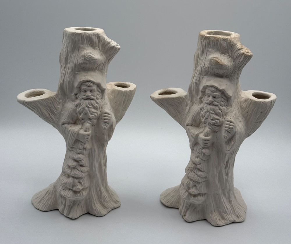 🎅 Set 2 Santa Tree Stump Candle Holder Bisque Ceramic Christmas Decor 8.5"