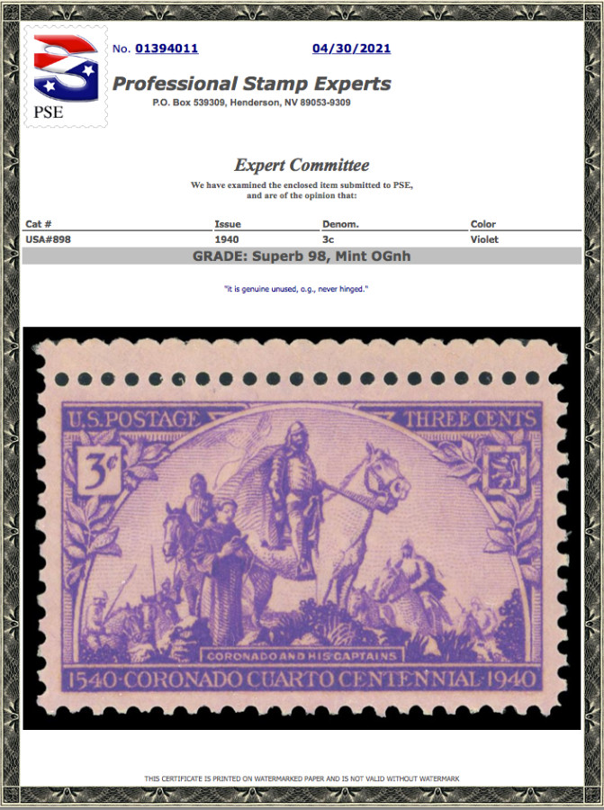 #898 MNH PSE Graded 98, Cert # 01394011