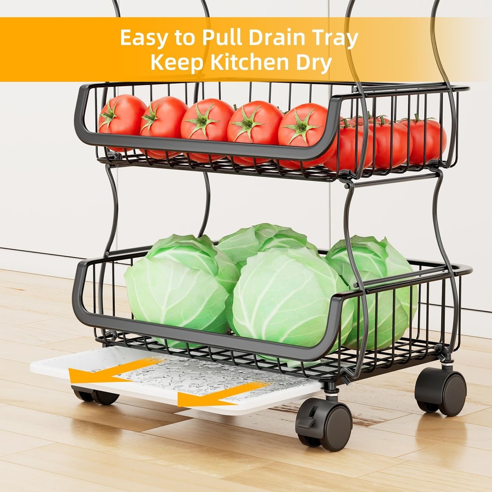 6 Tier Rolling Cart, Stackable Fruit Vegetable Basket with Wheels and 2 Hangi...
