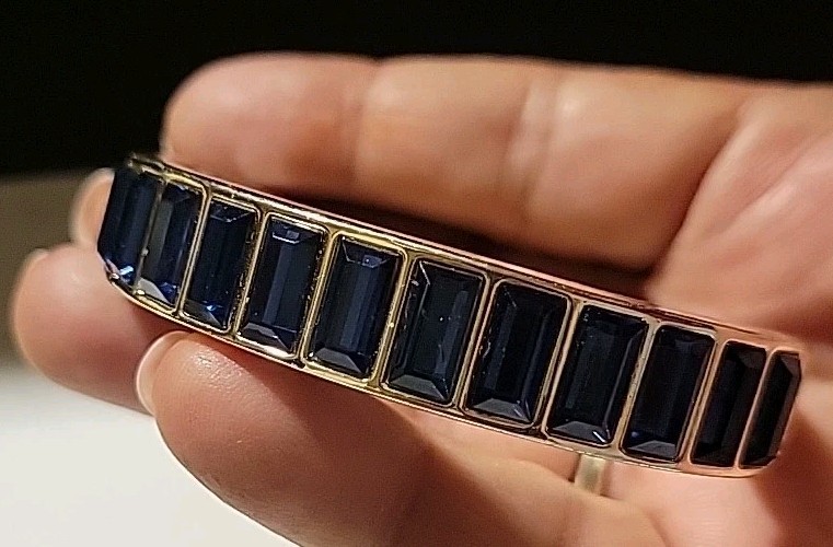 Signed Silvertone Blue Rhinestones Bangle Bracelet 6.5