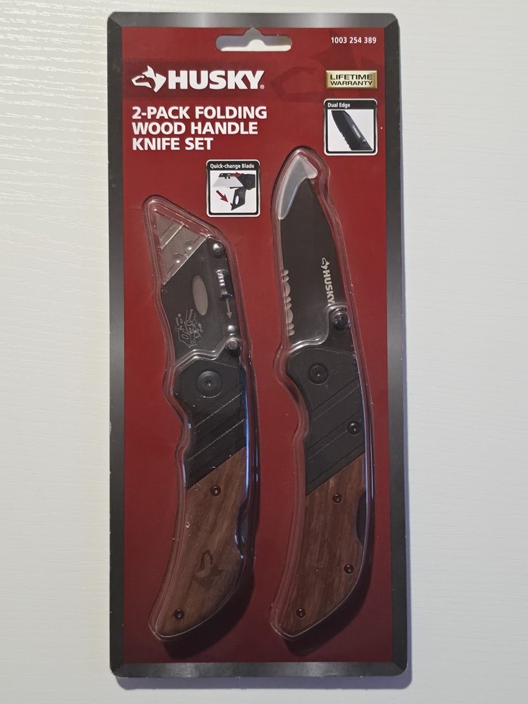Husky 2 Pack Folding Wood Handle Knife Set Utility Knife & Folding Knife